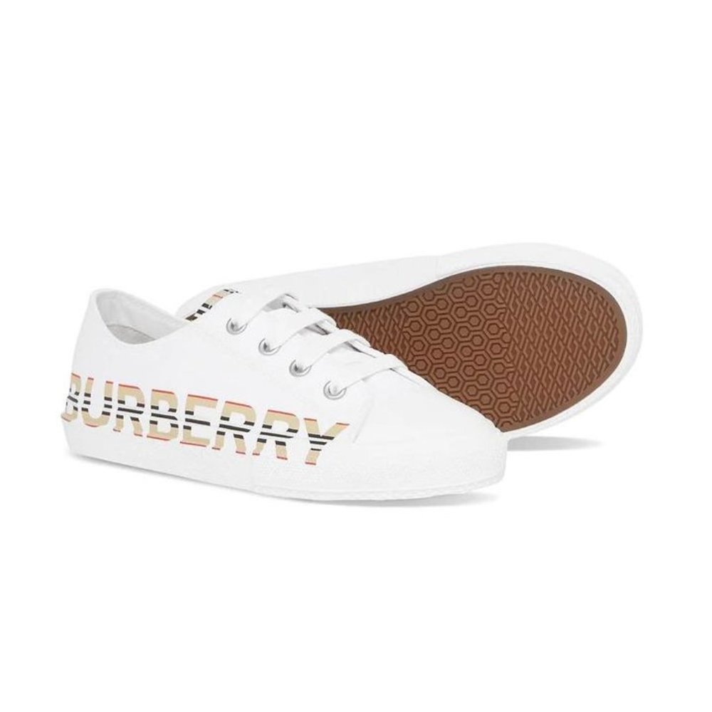 Kids Burberry Icon Stripe Logo Print Cotton Gabardine Sneakers